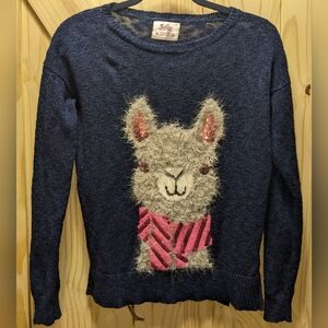 Justice Blue Marled Sweater With Fuzzy Llama, Sequin Ears, Girls' Sz 16